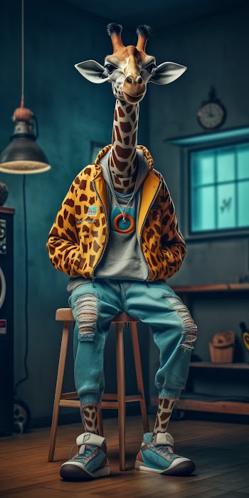 Fashion photography of a anthropomorphic giraffe dressed in large hiphop clothes