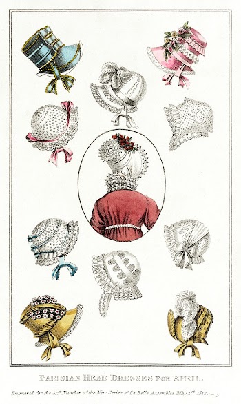 Fashion Plate, 'Parisian Head Dresses for April' for 'La Belle Assembl&eacute;e' (1812) by John Bell. Original from the Los Angeles County Museum of Art. Digitally enhanced by rawpixel.