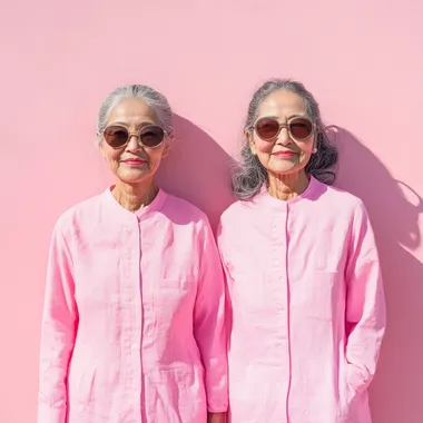 Fashionable Asian Grandmothers in Pink Outfits by a Pink Wall