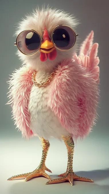 Fashionable chicken in a studio, flaunting oversized sunglasses and gold chain