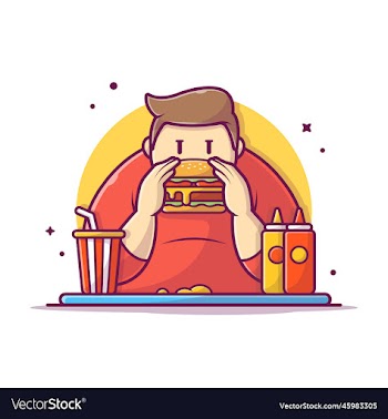fat guy eating burger soft drink mustard