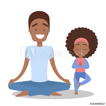 Father and daughter doing yoga exercise