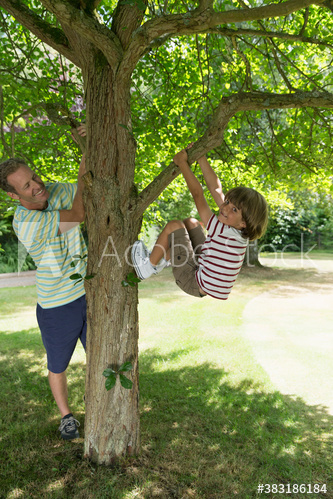 Father and son climbing tree in park