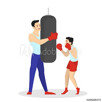 Father and son dressed in sportswear boxing