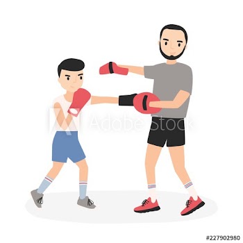 Father and son dressed in sportswear practicing punches at boxing training