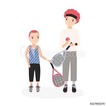 Father and son holding tennis rackets and ball