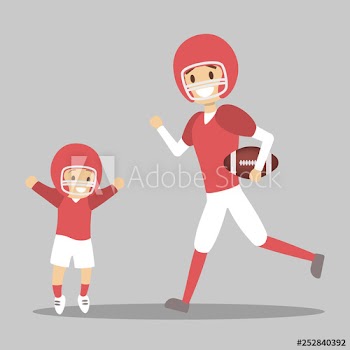 Father and son playing american football in uniform