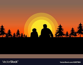 father and son sit at sunset time flat design