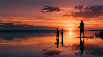Father and Sons Fishing at Sunset
