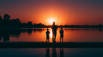 Father and Sons Fishing at Sunset
