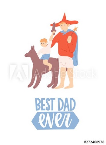 Father's Day greeting card with funny dad and son wearing costumes of fairytale characters and playing