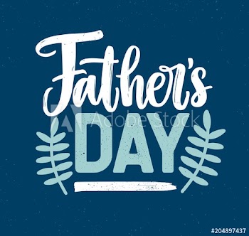 Father's Day holiday inscription or lettering handwritten with elegant cursive calligraphic font on blue background and decorated with branches with leaves