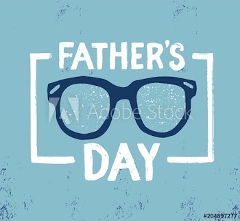 Father's day inscription written with elegant calligraphic font on blue background and decorated with glasses and frame