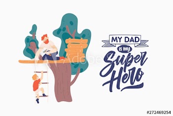 Father's Day poster template with smiling parent and son building tree house and My Dad Is My Super Hero slogan or phrase