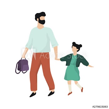Father walking with a little daughter to the school