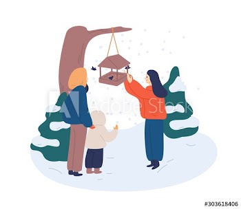 Feeding birds in winter flat vector illustration