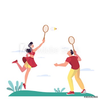 Female and male athlete play badminton in the park