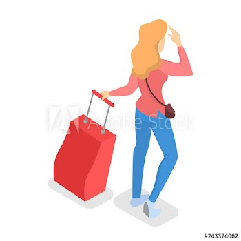 Female character in airport with a luggage