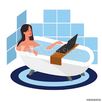 Female character laying in the bathtub and holding a laptop