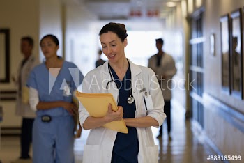 Female doctor making rounds in hospital corridor