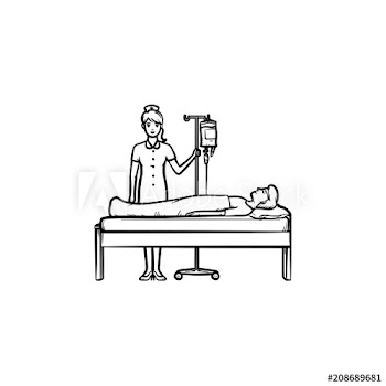 Female doctor standing near the bed with drop counter hand drawn outline doodle icon