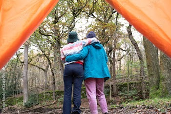 Female friends camping in forest
