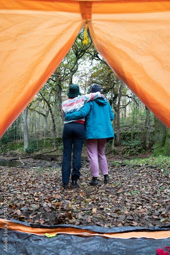 Female friends camping in forest