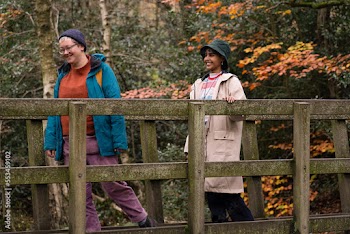 Female friends walking on bridge in forest