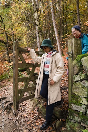 Female friends walking through gate in forest