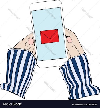 Female hands in a blue striped sweater hold a vector image