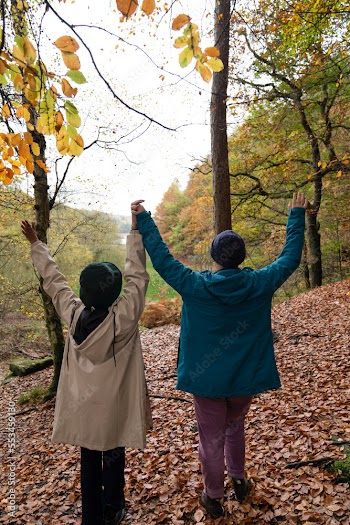 Female hikers raising hands in forest