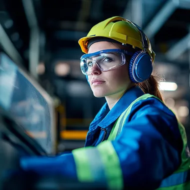 Female industrial worker in blue safety gear at factory control station Female industrial worker in blue safety gear at factory control station