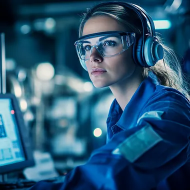 Female industrial worker in factory wearing headphones and glasses at computer