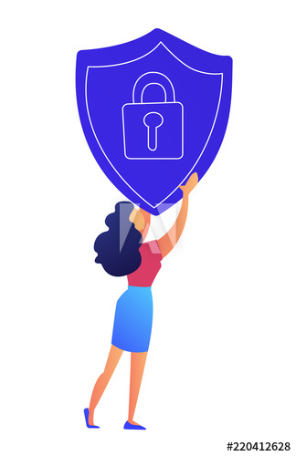 Female IT specialist holds protection shield with lock vector illustration