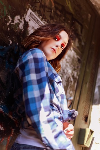 Female Model in a Violet, Blue and White Checkered Dress Shirt