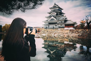 Female Photographer Taking Photo of a Temple