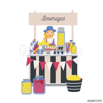 Female seller standing at counter, stall or kiosk with lemons, lemonade and other soft drinks