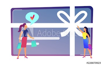 Female shopper likes gift card with bow and ribbon vector illustration