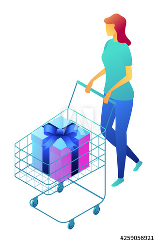 Female shopper pushing shopping cart with gift box, tiny people isometric 3D illustration