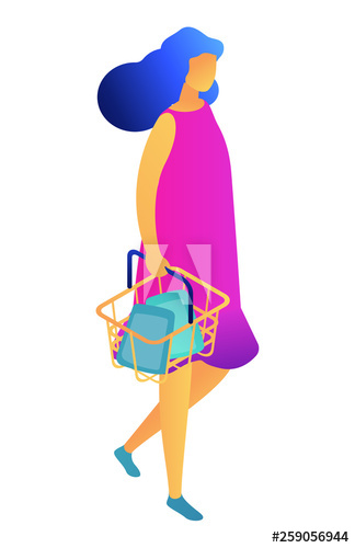 Female shopper walking with shopping basket, tiny people isometric 3D illustration