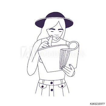 Female student in hat reading book or magazine and drinking beverage from bottle