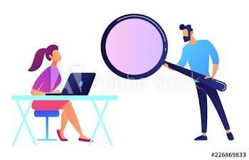 Female student with laptop at desk and professor with magnifier vector illustration
