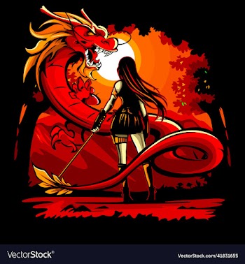 female swordsman facing a dragon in the forest