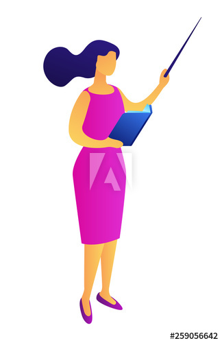 Female teacher giving a lesson and holding a book and a pointer, tiny people isometric 3D illustration