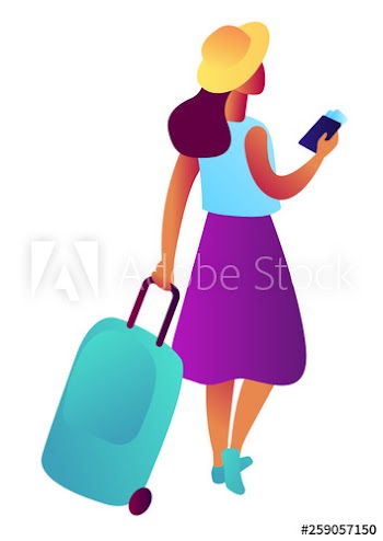 Female tourist with suitcase, passport and ticket, tiny people isometric 3D illustration