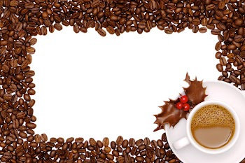 Festive coffee border with cup of coffee with chocolate holly