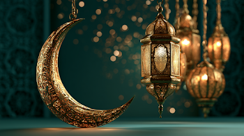 Festive Eid Al-Adha Decoration with Lanterns and Crescent Moon