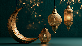 Festive Eid Al-Adha Greeting Scene with Lanterns and Crescent Moon