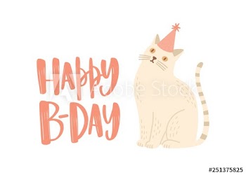 Festive greeting card or postcard template with Happy B-Day wish written with stylish calligraphic font and cute cat in cone hat