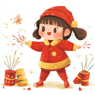 Festive Little Girl in Red Coat Lighting Firecrackers for New Year Festive Little Girl in Red Coat Lighting Firecrackers for New Year